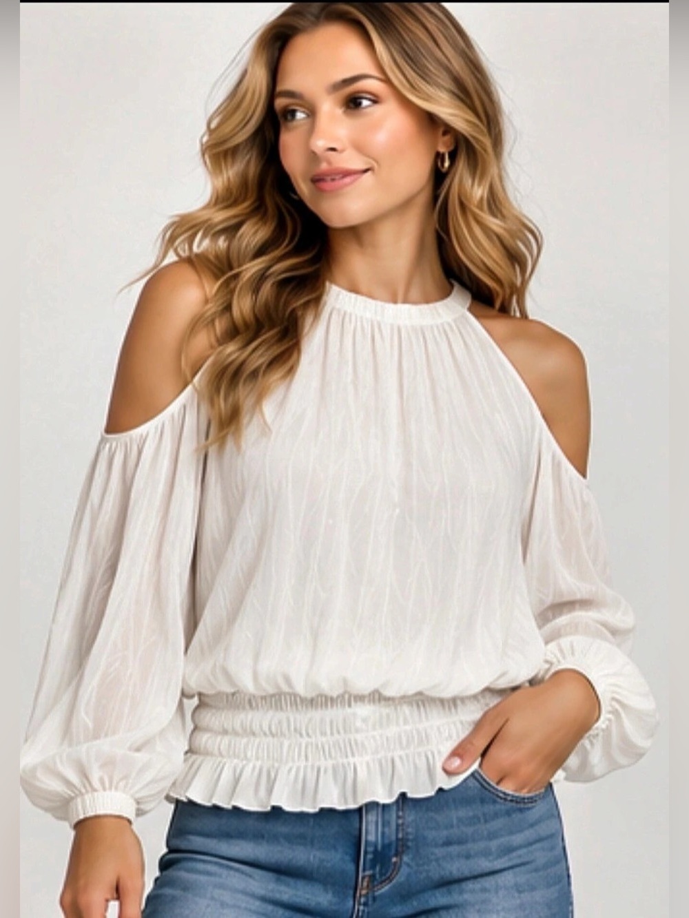 Ramy Brook New York White Ivory Cold Shoulder Smocked Blouse